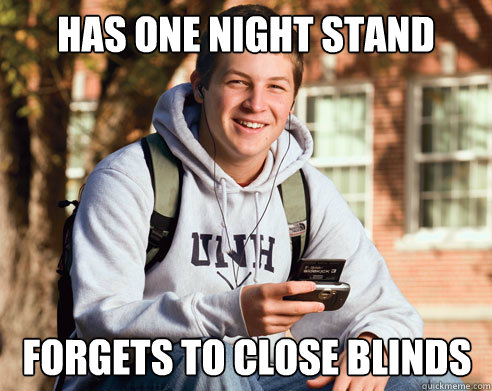 Has one night stand Forgets to close blinds Caption 3 goes here  College Freshman