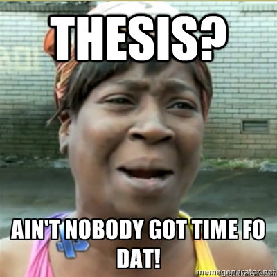 Thesis?   Aint no body got time for that