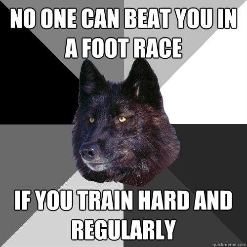 No one can beat you in a foot race if you train hard and regularly   - No one can beat you in a foot race if you train hard and regularly    Sanity Wolf