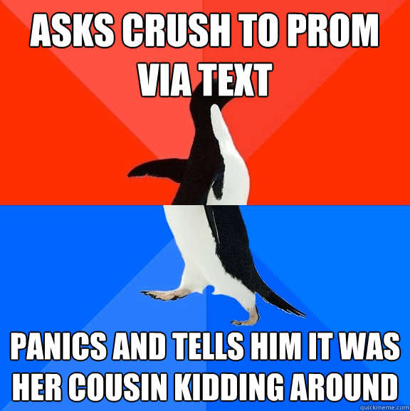 Asks crush to prom via text panics and tells him it was her cousin kidding around  Socially Awesome Awkward Penguin