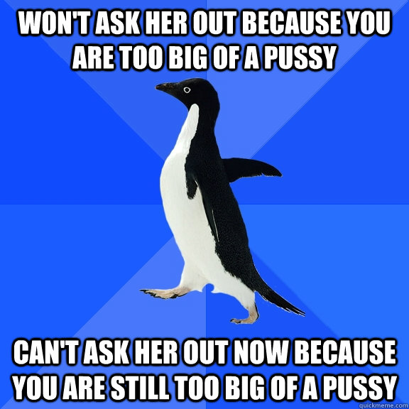 Won't ask her out because you are too big of a pussy Can't ask her out now because you are still too big of a pussy  Socially Awkward Penguin
