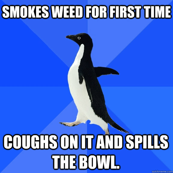 Smokes weed for first time Coughs on it and spills the bowl.   Socially Awkward Penguin