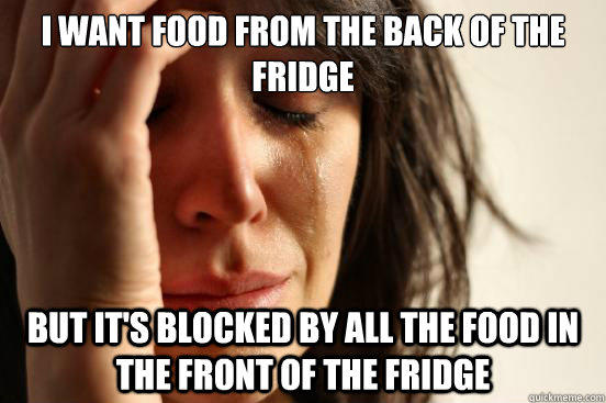 I want food from the back of the fridge But it's blocked by all the food in the front of the fridge - I want food from the back of the fridge But it's blocked by all the food in the front of the fridge  First World Problems