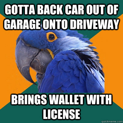 gotta back car out of garage onto driveway brings wallet with license  Paranoid Parrot