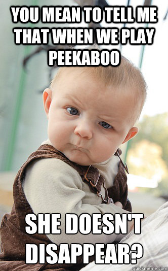 You mean to tell me that when we play peekaboo she doesn't disappear?  skeptical baby