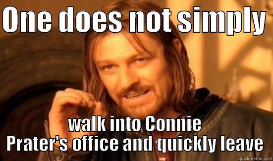 ONE DOES NOT SIMPLY  WALK INTO CONNIE PRATER'S OFFICE AND QUICKLY LEAVE Boromir
