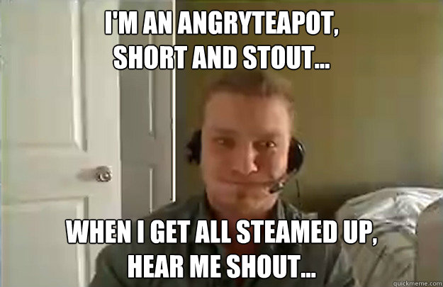 I'm an AngryTeapot, 
short and stout... When I get all steamed up, 
hear me shout...  AngryTestie