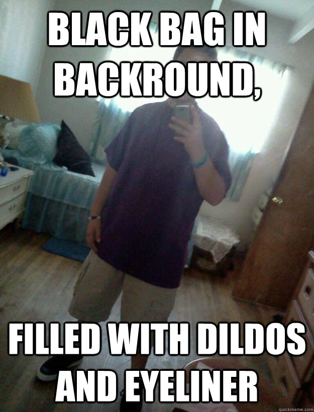 black bag in backround, filled with dildos and eyeliner  