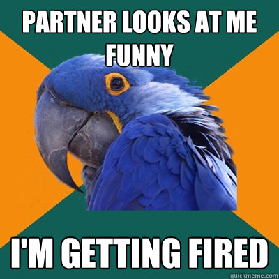 Partner looks at me funny I'm getting FIRED  Paranoid Parrot