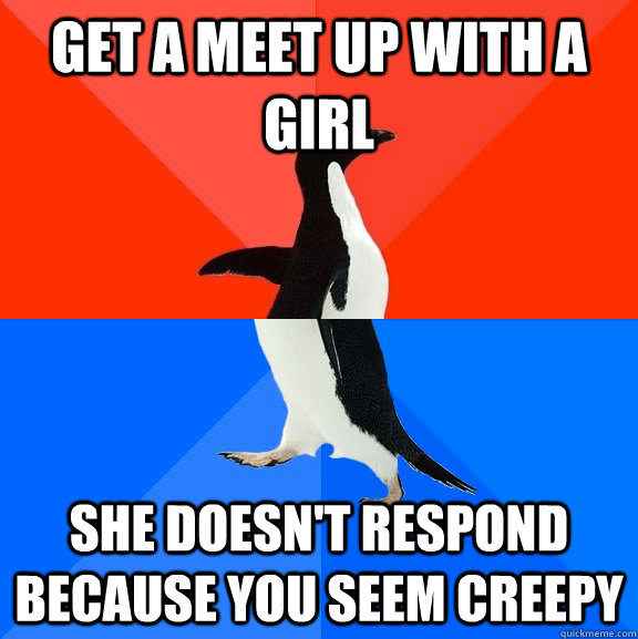 get a meet up with a girl she doesn't respond because you seem creepy  Socially Awesome Awkward Penguin