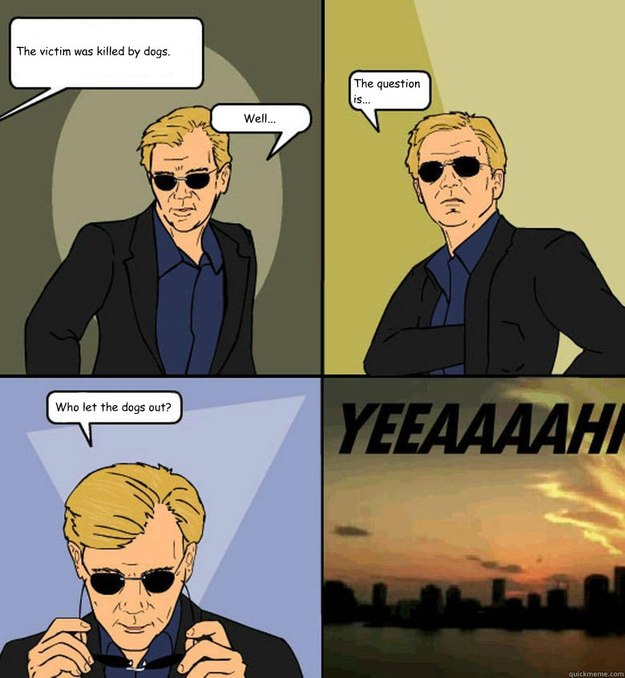 The victim was killed by dogs. Well... The question is... Who let the dogs out? - The victim was killed by dogs. Well... The question is... Who let the dogs out?  Horatio Cane YEEAAAAHH