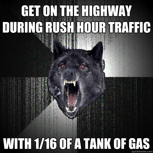 get on the highway during rush hour traffic with 1/16 of a tank of gas  Insanity Wolf