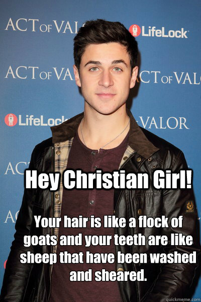 Hey Christian Girl! 
Your hair is like a flock of goats and your teeth are like sheep that have been washed and sheared.  Hey Christian Girl