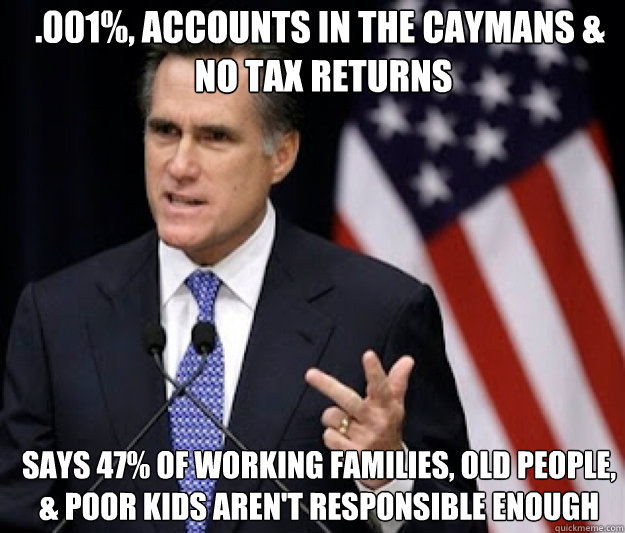 .001%, accounts in the caymans &
 no tax returns says 47% of working families, old people, 
& poor kids aren't responsible enough - .001%, accounts in the caymans &
 no tax returns says 47% of working families, old people, 
& poor kids aren't responsible enough  Detached Mitt Romney