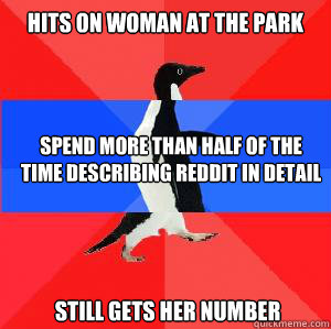 Hits on woman at the park spend more than half of the time describing reddit in detail still gets her number  Socially awesome awkward awesome penguin