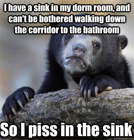 I have a sink in my dorm room, and can't be bothered walking down the corridor to the bathroom So I piss in the sink  Confession Bear