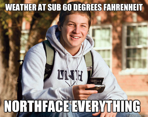 Weather at sub 60 degrees Fahrenheit northface everything  College Freshman