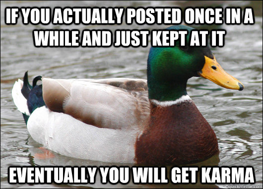 If you actually posted once in a while and just kept at it Eventually you will get karma  Actual Advice Mallard