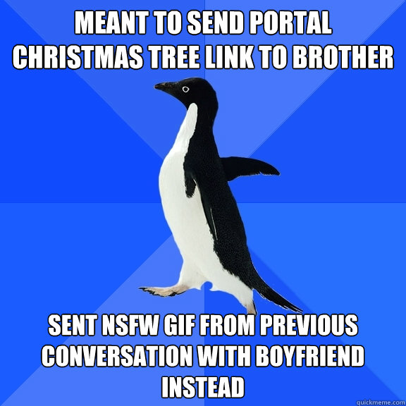 Meant to send Portal Christmas tree link to brother sent NSFW gif from previous conversation with boyfriend instead  Socially Awkward Penguin