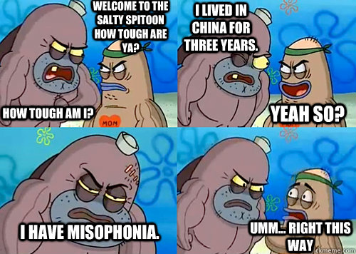 Welcome to the Salty Spitoon how tough are ya? HOW TOUGH AM I? I lived in China for three years. I have misophonia. Umm... Right this way Yeah so?  Salty Spitoon How Tough Are Ya