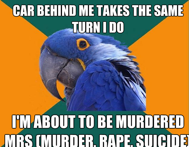 car behind me takes the same turn i do i'm about to be murdered
MRS (Murder, Rape, Suicide)  Paranoid Parrot