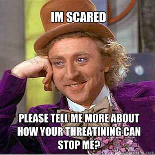 Im scared Please tell me more about how your threatining can stop me? - Im scared Please tell me more about how your threatining can stop me?  Willy Wonka Meme