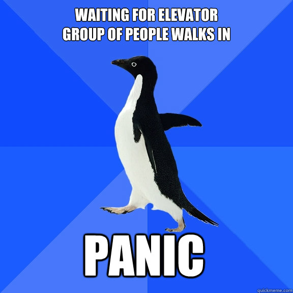 Waiting for elevator 
GROUP OF PEOPLE WALKS IN PANIC    Socially Awkward Penguin