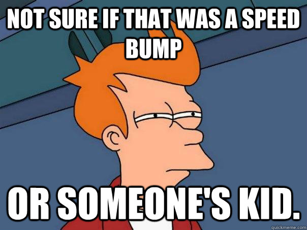 Not sure if that was a speed bump Or someone's kid. - Not sure if that was a speed bump Or someone's kid.  Futurama Fry