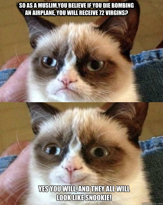 So as a muslim,you believe if you die bombing an airplane, you will receive 72 virgins? yes you will, and they all will look like Snookie! - So as a muslim,you believe if you die bombing an airplane, you will receive 72 virgins? yes you will, and they all will look like Snookie!  Misc