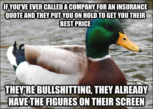 if you've ever called a company for an insurance quote and they put you on hold to get you their best price They're bullshitting, they already have the figures on their screen  Actual Advice Mallard
