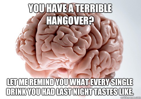 You have a terrible hangover? Let me remind you what every single drink you had last night tastes like.  Scumbag Brain