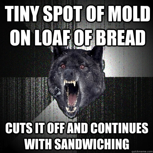 Tiny spot of mold on loaf of bread cuts it off and continues with sandwiching  Insanity Wolf