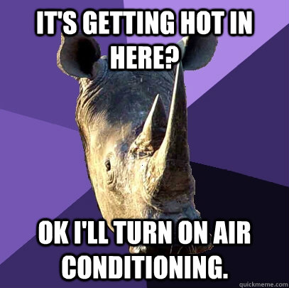 It's getting hot in here? OK I'll turn on air conditioning.  - It's getting hot in here? OK I'll turn on air conditioning.   Sexually Oblivious Rhino