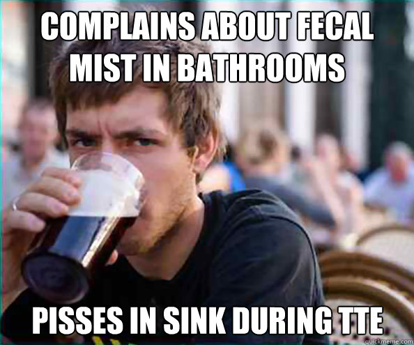 COMPlAINS ABOUT FECAL MIST IN BATHROOMS PISSES IN SINK DURING TTE  Lazy College Senior