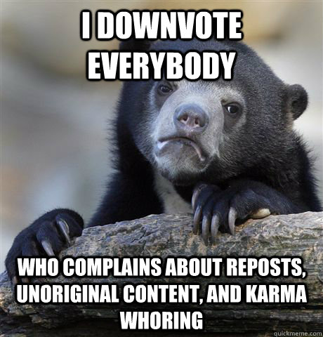 I downvote everybody Who complains about reposts, unoriginal content, and karma whoring  Confession Bear