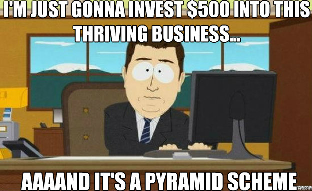 I'm just gonna invest $500 into this thriving business... AAAAND It's a pyramid scheme  aaaand its gone