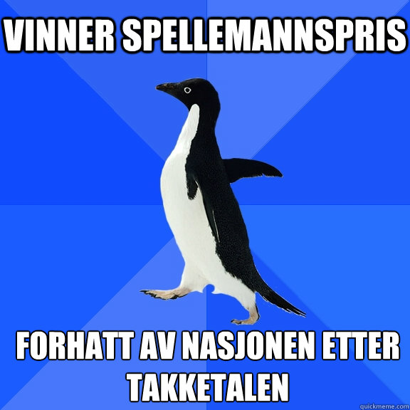 VINNER SPELLEMANNSPRIS FORHATT AV NASJONEN ETTER TAKKETALEN    Socially Awkward Penguin