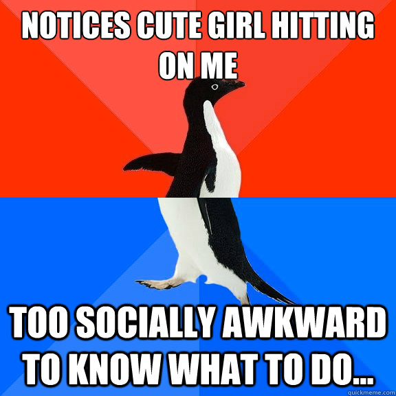 notices cute girl hitting on me too socially awkward to know what to do...  Socially Awesome Awkward Penguin