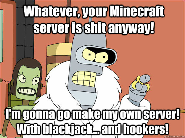 Whatever, your Minecraft server is shit anyway!  I'm gonna go make my own server! With blackjack... and hookers!  