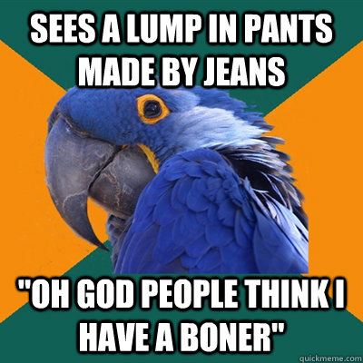 Sees a lump in pants made by jeans 