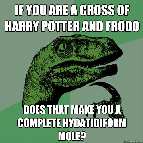 If you are a cross of Harry Potter and Frodo Does that make you a complete hydatidiform mole? - If you are a cross of Harry Potter and Frodo Does that make you a complete hydatidiform mole?  Philosoraptor
