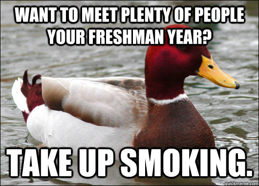 Want to meet plenty of people your freshman year? Take up smoking.  Malicious Advice Mallard