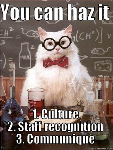 YOU CAN HAZ IT  1. CULTURE 2. STAFF RECOGNITION 3. COMMUNIQUE Chemistry Cat