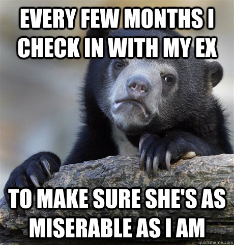 Every few months I check in with my ex To make sure she's as miserable as I am  Confession Bear