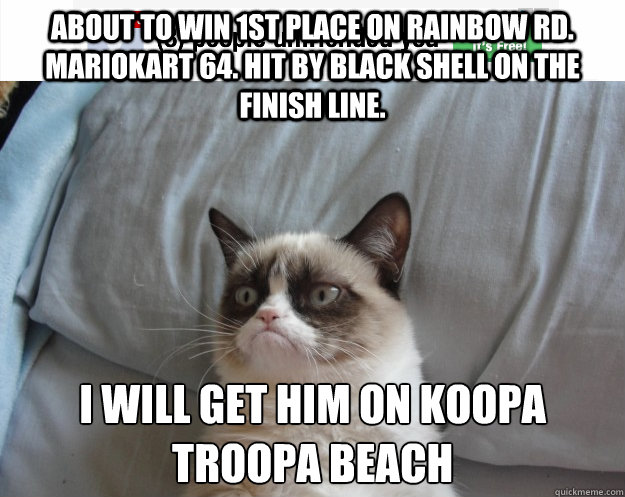 About to win 1st place on Rainbow rd. MarioKart 64. Hit by black shell on the finish line. I will get him on Koopa Troopa Beach - About to win 1st place on Rainbow rd. MarioKart 64. Hit by black shell on the finish line. I will get him on Koopa Troopa Beach  Grumpy Cat on Being Unfriended