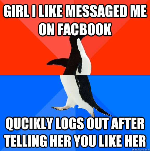 Girl i like messaged me on facbook Qucikly logs out after telling her you like her  Socially Awesome Awkward Penguin