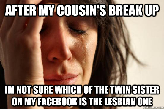 After my cousin's break up Im not sure which of the twin sister on my facebook is the lesbian one  First World Problems
