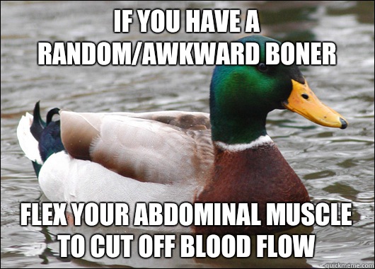 If you have a random/awkward boner flex your abdominal muscle to cut off blood flow  Actual Advice Mallard