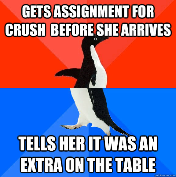 Gets assignment for crush  before she arrives Tells her it was an extra on the table  Socially Awesome Awkward Penguin