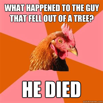 What happened to the guy that fell out of a tree? He died  Anti-Joke Chicken